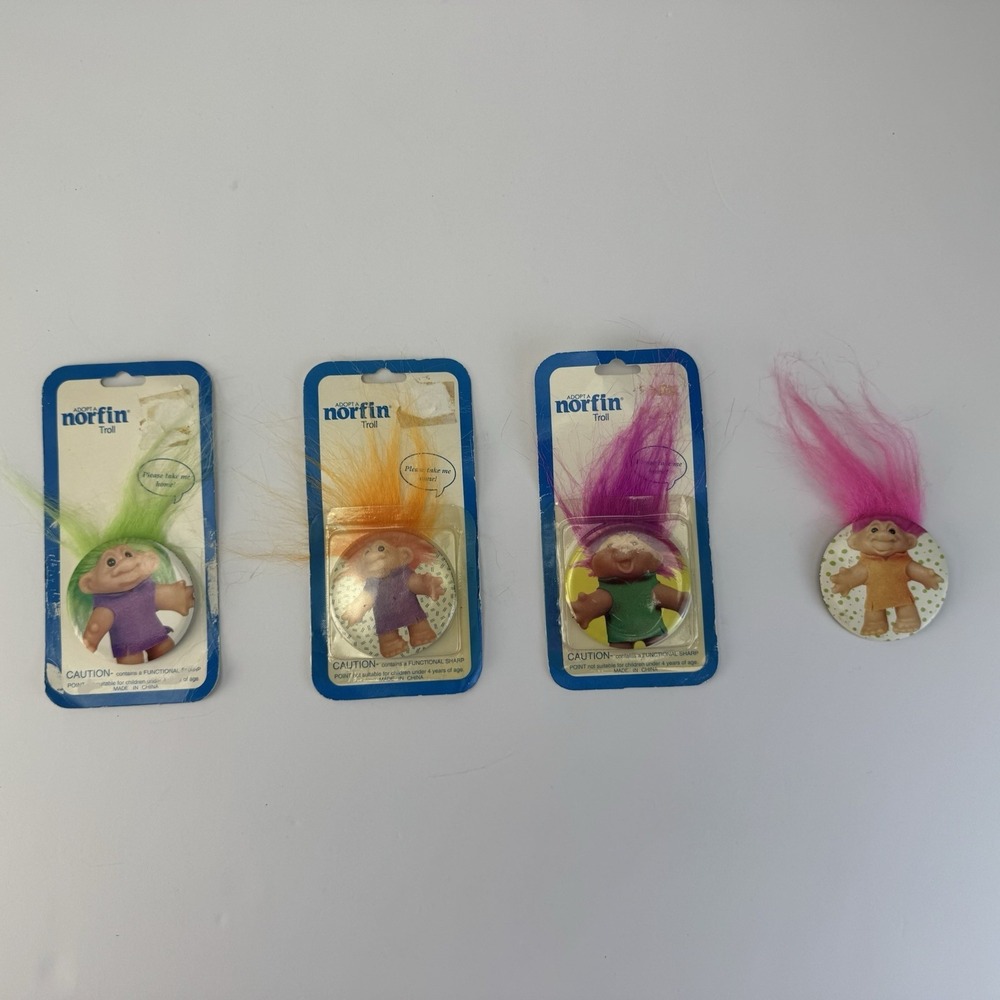 Lot Of 4 VINTAGE THE TROLL CO ADOPT A NORFIN TROLL PIN BUTTON
